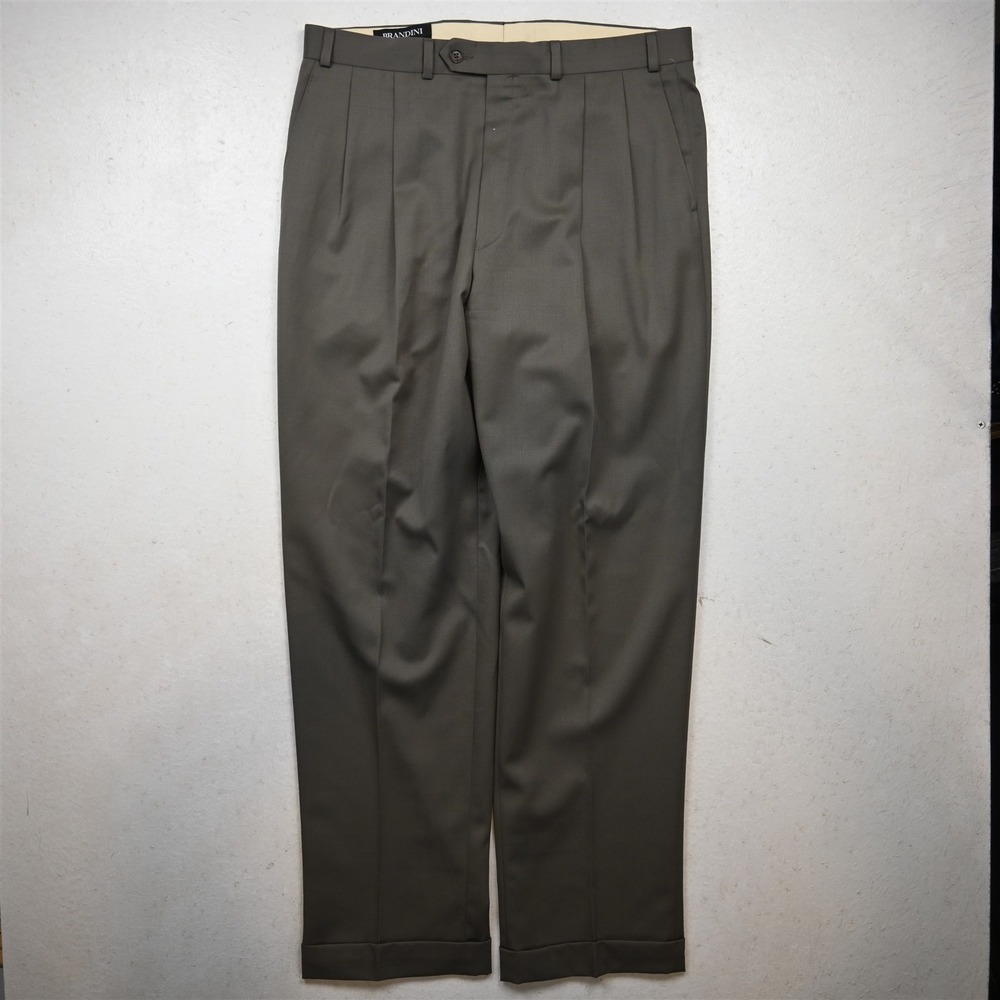 Vtg Y2K 2000s 34x34 Taupe Gray 100% Wool Pleated Cuffed Baggy Dress Mens Pants